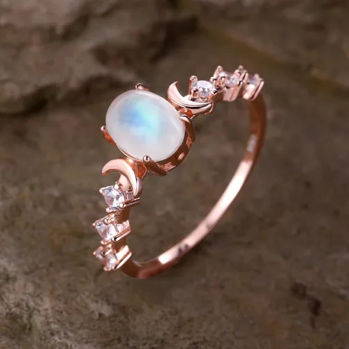 Vista 4 de Anillo de plata de ley con piedra lunar auténtica, anillo de fase lunar ovalada, circonita cúbica, anillo minimalista para mujeres y niñas con caja