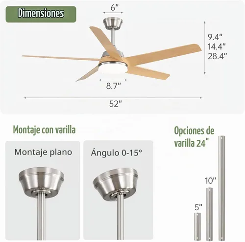 Vista 5 de Sofucor Ventiladores de techo de 52 pulgadas con luces y control remoto, moderno ventilador de techo de 5 aspas ABS para exteriores, LED regulable
