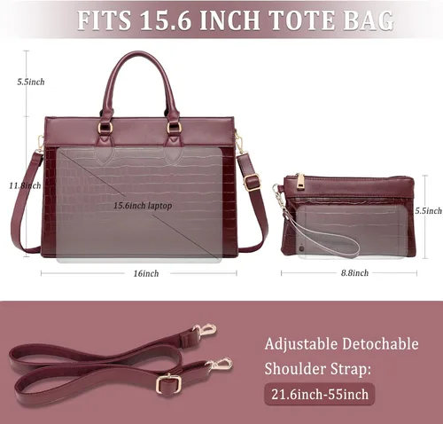 Vista 6 de BOLOSTA Bolsa para laptop para mujer, bolsa de trabajo de 15.6 pulgadas para mujer, bolsa grande de cuero impermeable para computadora con bolso