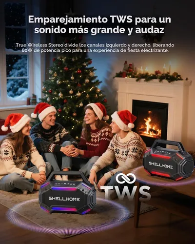 Vista 8 de ShellHome Altavoces Bluetooth 6.0 para exterior, altavoz potente de 80 W (máximo) con graves, 30 horas de reproducción, impermeable IPX6, luces RGB