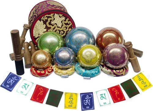 Vista 2 de ESK Juego de 7 cuencos tibetanos curativos de chakras para meditación, cuencos cantores del Himalaya, ESK 11