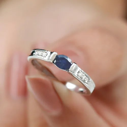 Vista 3 de 12 CT Blue Sapphire and Diamond Band Ring, 4X5 MM Oval Cut Blue Sapphire Solitaire Band Ring, Bar Set Blue Sapphire Gold Band,14K Solid Gold