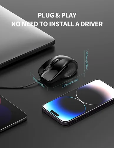 Vista 3 de TECKNET Ratón USB con Cable, Ratón de 6 Botones con Cable para Computadora con 4 DPI Ajustables, Ratones Ópticos para Computadora con Diseño