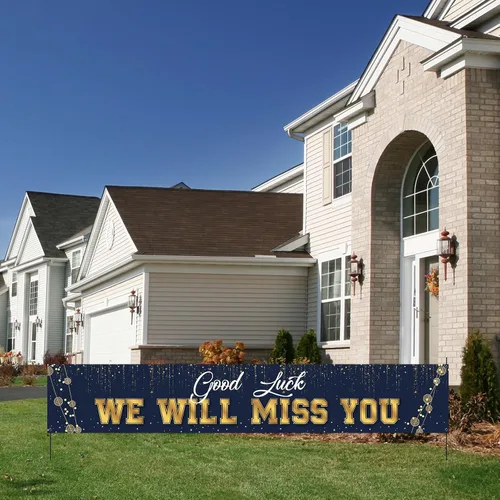 Vista 4 de Cartel de fondo grande con texto en inglés «Good Luck We Will Miss You», cartel de jardín de graduación, fiesta de jubilación, suministros