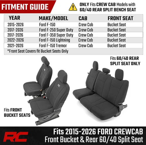 Vista 4 de Rough Country Fundas de asiento de neopreno para Ford F-150, Lightning, F-250 y F-350 con cabina doble (2015-2025) con asiento tipo cubo delantero
