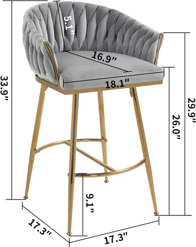 Vista 2 de Juego de 2 taburetes de bar de altura de mostrador de 26 pulgadas, taburete de bar de terciopelo para isla de cocina con respaldo ondulado, base Gris