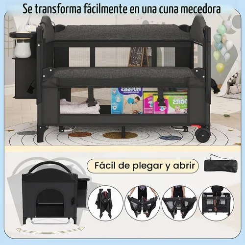 Vista 5 de Cuna de bebé de 5 en 1 para poner junto a la cama con tubo de columpio que se convierte en cuna, cuna con colchón, cambiador de pañales desmontable