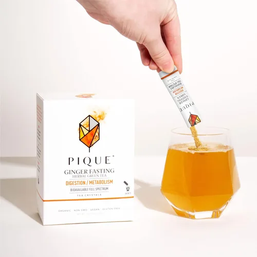 Vista 4 de Pique Cristales de té de jengibre orgánico en ayunas, apoyo digestivo, metabolismo saludable, té verde con cafeína para energía, 28 palitos