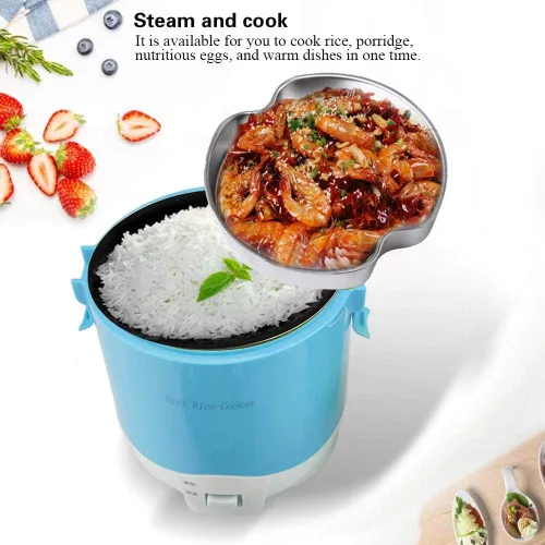 Vista 3 de Mini olla arrocera, 1.6L portátil de viaje, única olla de arroz pequeña con función de mantener el calor, vaporizador de revestimiento antiadherente