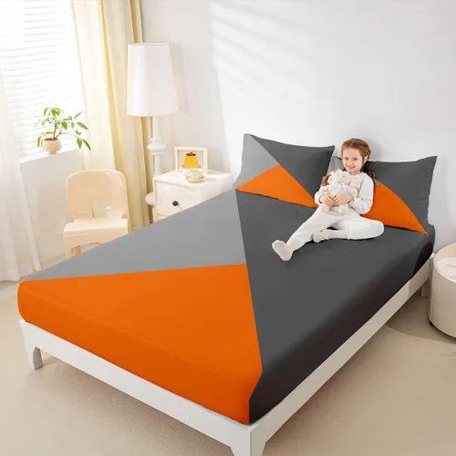 Vista 8 de Juego de sábanas de triángulo geométrico, color naranja, gris oscuro, gris claro, juego de ropa de cama individual para adolescentes y niñas, juego
