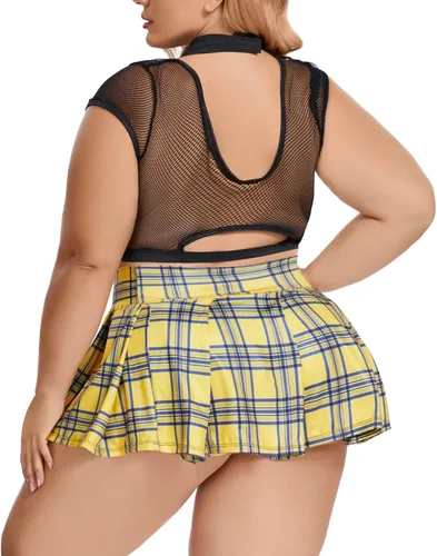 Vista 5 de Conjunto de lencería de colegiala de talla grande para mujer traje de juego de roles uniforme de red corta a cuadros mini falda con corbata