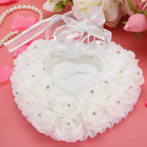 Vista 8 de TOPINCN Almohada de boda, soporte de caja de corazón de boda, romántica en forma de corazón, caja de boda, decoración de rosa, cojín de almohada