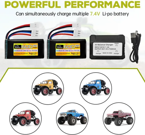 Vista 2 de sea jump Batería Lipo de 2 piezas 7.4V 600mAh 35C 2S con enchufe Molex y cargador 1trailer2 adecuado para FMS FCX24 RC coches, camiones, vehículos