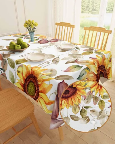 Vista 2 de Mantel rectangular impermeable con hojas de eucalipto de otoño, 52 x 70 pulgadas, mantel otoñal, rústico, girasol, acuarela, botánico, a prueba