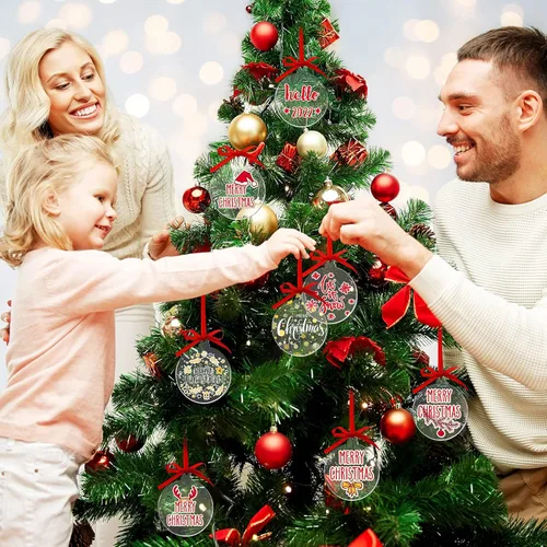 Vista 2 de Blulu 42 piezas de adornos acrílicos en blanco, adornos redondos transparentes, guirnalda plana de Navidad, adorno colgante con agujero y cinta