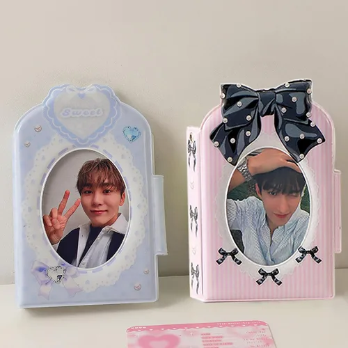 Vista 6 de Kpop - Mini álbumes de fotos de 3 pulgadas, 40 bolsillos, soporte para tarjetas fotográficas con lazo, patrón de corbatín, álbum de fotos para Azul