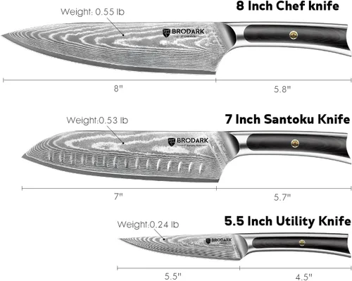 Vista 3 de BRODARK Cuchillo de chef de Damasco de 3 piezas, VG10 de acero de espiga completa afilado, juego de cuchillos de chef japonés profesional