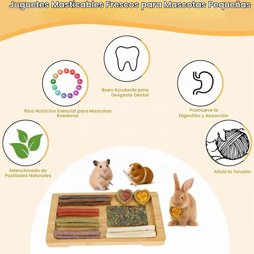 Vista 3 de 70 piezas de conejito de indias masticables, juguetes masticables de hámster Chinchilla para dientes, chips de heno Timothy, palitos para conejillo