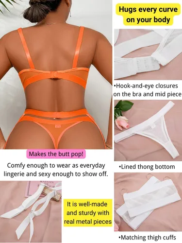 Vista 3 de Kaei&Shi - Lencería con liguero para mujer, conjunto de encaje traslúcido y sexy de 4 piezas combinadas