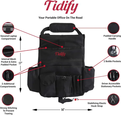Vista 5 de Tidify Organizador de Asiento Delantero de Coche [2025 ACTUALIZADO] con Almacenamiento Dedicado para Tablet y Laptop, Correas Laterales