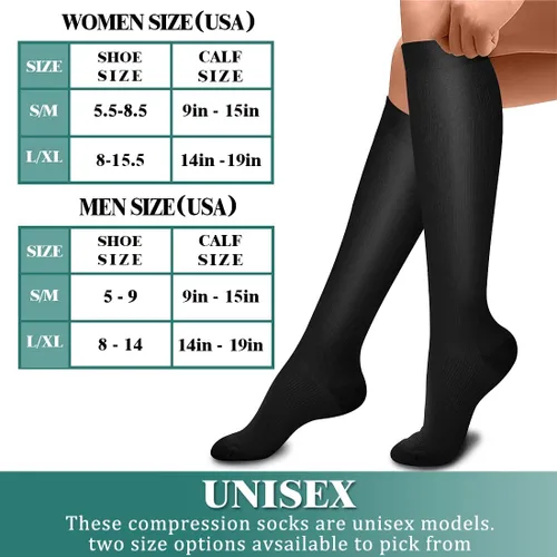 Vista 6 de Paquete de 3 pares de calcetines de compresión médica para mejorar la circulación de mujeres y hombres, para correr, hacer deporte y amamantar