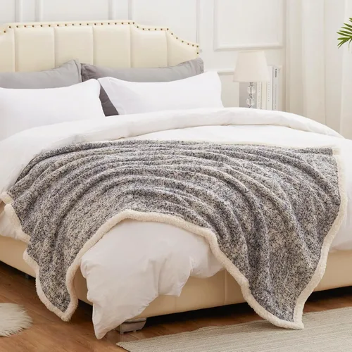 Vista 7 de SE SOFTEXLY Manta reversible de sherpa con 30% lana y 70% algodón, manta suave y esponjosa, manta de otoño e invierno para sofá, cama, silla