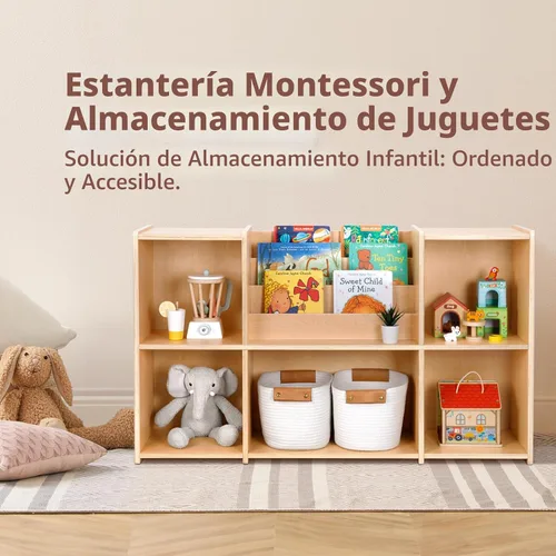 Vista 2 de OOOK Estantería Montessori y Organizador de Almacenamiento para Juguetes, Estantería Horizontal de 2 Niveles, Gabinete de Almacenamiento