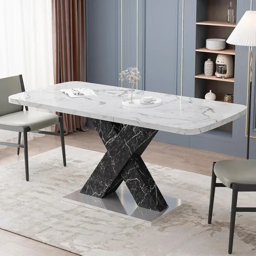 Vista 13 de Mesa de comedor extensible blanca moderna de 63 pulgadas Parte superior blanca+pierna blanca extensible