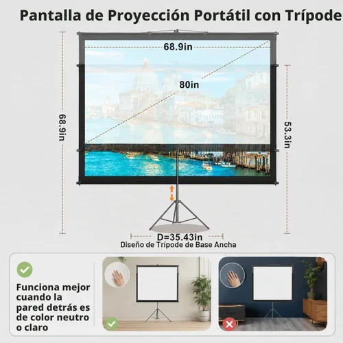Vista 5 de Pantalla de proyector con soporte de trípode, pantalla de cine para interiores, pantalla de proyección portátil de 80 pulgadas, pantalla 4K lavable