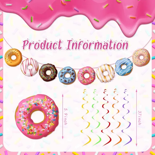 Vista 2 de 34 decoraciones de fiesta de donas que incluyen 2 guirnaldas de donas y 32 piezas de donas colgantes para fiesta de cumpleaños, baby shower, regalos