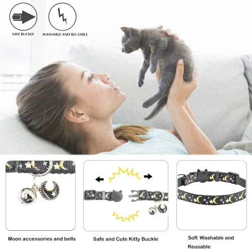 Vista 4 de 2 collares de gato con campana, bonitos collares ajustables para gatitos con accesorios (azul negro)