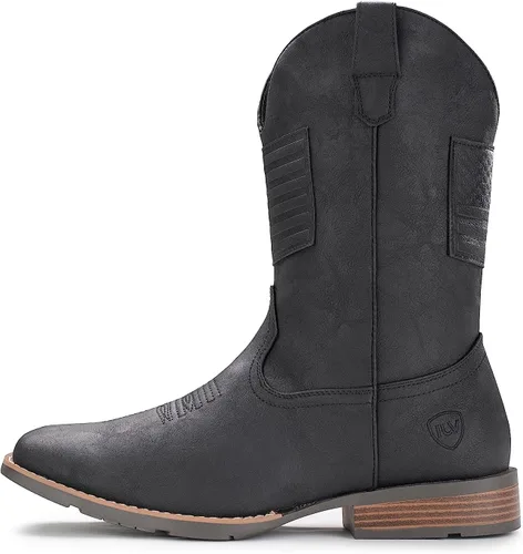 Vista 3 de IUV Botas vaqueras para hombre, botas occidentales tradicionales con bandera estadounidense, retro, punta cuadrada, botas de trabajo de campo