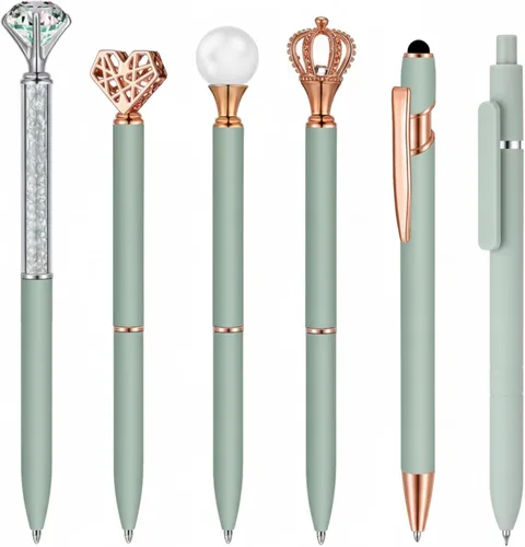 Vista 8 de Qeeenar Juego de 6 bolígrafos de bola de metal con cristales de diamante para diario, bonitos y brillantes, elegantes artículos de papelería, tinta