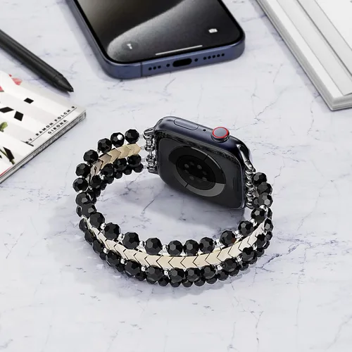 Vista 2 de MOFREE - Pulsera de cuentas compatible con Apple Watch Band de 1.496 in/1.575 in/1.614 in/1.65 in (38, 40, 41 y 42 mm) Series Negro/Oro
