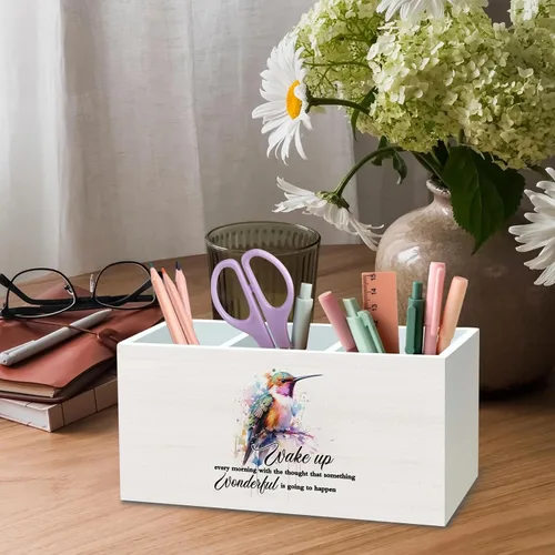 Vista 4 de DILSJ Hummingbird - Organizador de lápices inspirador para escritorio, regalos inspiradores para mujeres, citas motivacionales, caja de madera