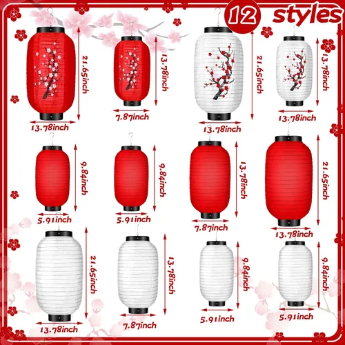 Vista 4 de Riakrum 12 faroles colgantes tradicionales japoneses de flores de ciruelo, faroles de papel blanco y rojo, faroles japoneses para decoración