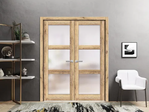 Vista 2 de Puertas dobles francesas macizas de 36 x 80 pulgadas Roble Lucía 2552 Moldes de marco de panel sólido de madera Puertas resistentes