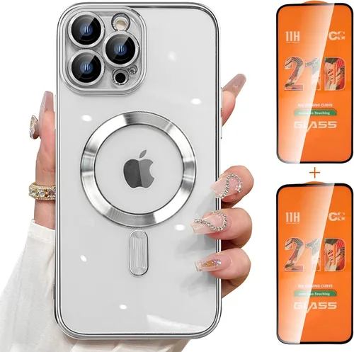 Vista 7 de Magsafe - Funda para iPhone 13 Pro Max, funda magnética transparente para teléfono con protector de pantalla y cubierta de cámara, funda galvanizada