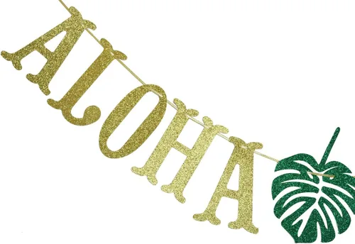 Vista 3 de Pancarta hawaiana de Aloha con guirnalda de hojas de palmera para decoración hawaiana tropical Luau playa fiesta de verano, suministros