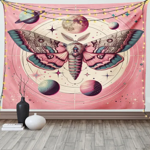Vista 44 de Ambesonne Tapiz bohemio, diseño floral de bruja, luna y mariposa con adornos de mandala, decoración de tela para colgar en la pared para dormitorio