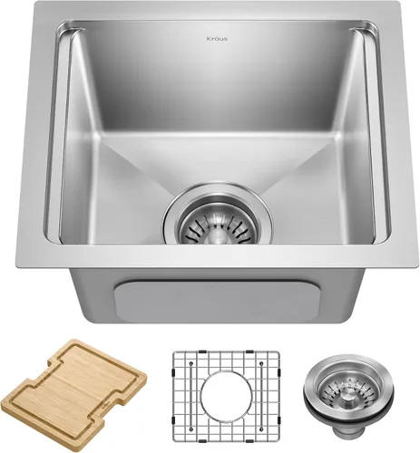 Vista 18 de KRAUS Fairlane KHT631-15 - Fregadero de cocina o bar, 15 pulgadas, montaje directo/superior, cuenco individual, de acero inoxidable de calibre 18