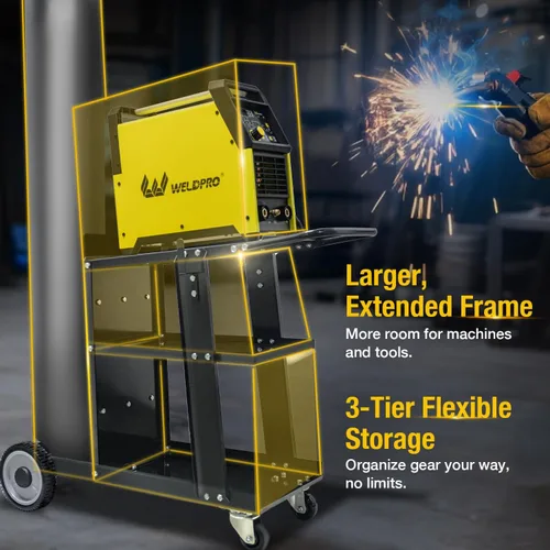 Vista 3 de Weldpro - Carro de soldadura para soldador MIG, soldador TIG y cortador de plasma, carrito de soldador resistente de 3 niveles con capacidad