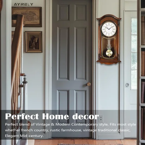 Vista 3 de AYRELY® Reloj de Pared Vintage de Abuelo de 22 Pulgadas con Péndulo y Campanadas, Campanadas de Hora/Cuarto de Hora, Marco de Madera de Caoba, Reloj