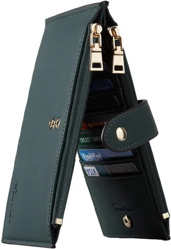 Vista 17 de Travelambo Billeteras de cuero para mujer, delgada, con bloqueo RFID, billetera plegable para tarjetas de crédito, Marrón beige