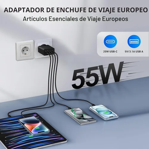 Vista 2 de European USB C Charger, 55W 4-Port European Travel Plug Adapter USB C 55W negro