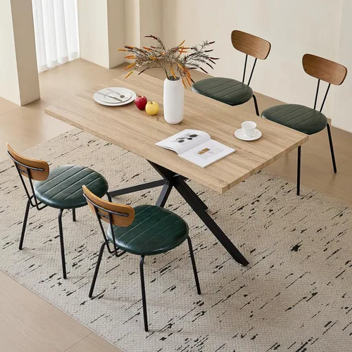 Vista 13 de Dining Table Set for 4, Modern 55" Brown Wood Grain Kitchen Table with 4 Stackable Dining Chairs, Faux Leather, for Dining Living Room Apartment