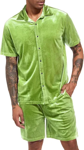 Vista 2 de LecGee Conjunto de pantalones cortos casuales de verano para hombre, camisa de terciopelo de manga corta con botones, pantalones cortos de cintura