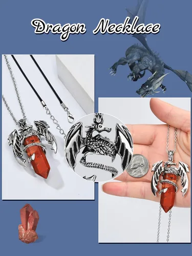 Vista 3 de Collar de dragón – Colgante hexagonal de plata envuelto en cristal con cristal natural – Joyería genial para hombres y mujeres