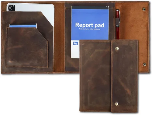 Vista 11 de Top Grain Leather - Padfolio de 8.3 pulgadas para hombres y mujeres, diseño vintage hecho a mano, organizador multifuncional de cartera de negocios