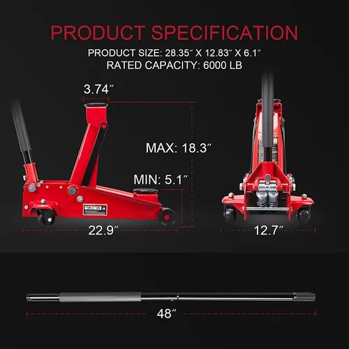 Vista 3 de BIG RED ATZ830023R Torin - Gato hidráulico de suelo de acero resistente, con bomba de elevación rápida de doble pistón, capacidad de 3 toneladas